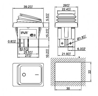 SB091 IP65 on-off 22x30mm клавишный переключатель RUICHI даташит схема