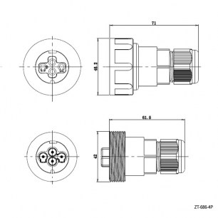 Герметичные разъемы ZT-686-4P IP68 RUICHI даташит схема