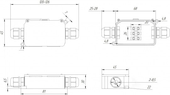 BOX-2 IP65 2pin CA10 10A/450V коробка распределительная RUICHI даташит схема