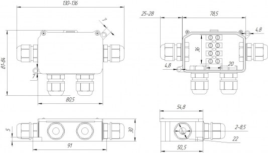 BOX-4 IP65 3pin CA10-4P 10A/450V коробка распределительная RUICHI даташит схема