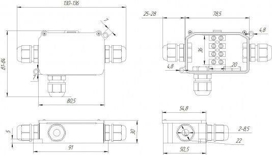 BOX-3-1 IP65 3pin CA10 10A/450V коробка распределительная RUICHI даташит схема