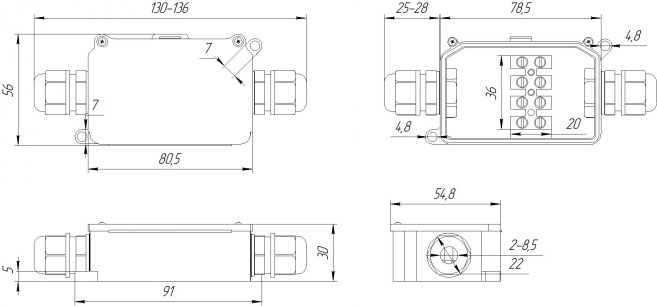 BOX-2-1 IP65 2pin CA10 10A/450V коробка распределительная RUICHI даташит схема