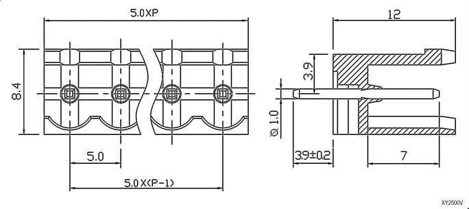 XY2500V-A-02P 5mm клеммники разрывные SZC даташит схема