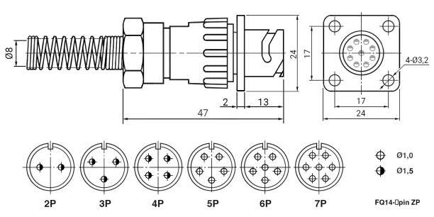 FQ14-5pin ZPK-8 быстросъемный цилиндрический разъем даташит схема