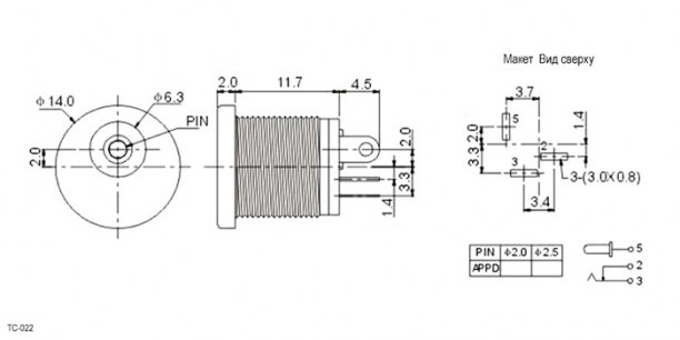 TC-022 2.0mm разъемы питания штырьковые RUICHI даташит схема