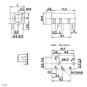 TJ-320 3.5mm PCB Jack аудио разъемы RUICHI схема фото