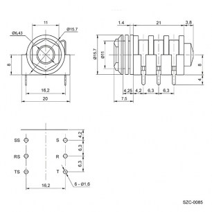 SZC-0085 stereo 6.3 mm аудио разъемы SZC даташит схема