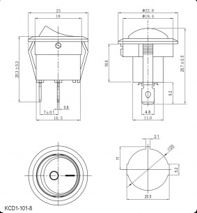 KCD1-101-8-C3-R/2P on-off клавишный переключатель RUICHI даташит схема
