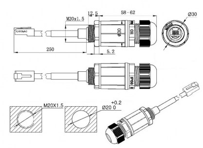 RJ45M20L25-5B разъем герметичный RUICHI даташит схема