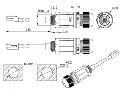 RJ45M20L25-6A разъем герметичный RUICHI даташит схема