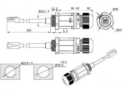 RJ45M22L25-5A разъем герметичный RUICHI даташит схема