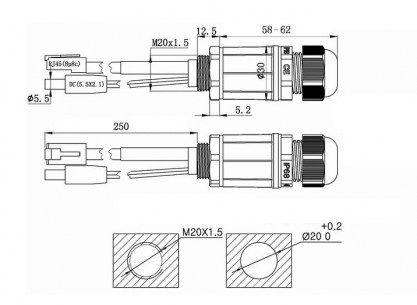 RJ45M20L25-5POE разъем герметичный SZC даташит схема