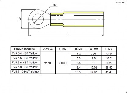 RV5.5-10 HST Yellow клеммы тип *o* изолированные RUICHI даташит схема