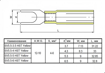 SV5.5-3.5 HST Yellow клеммы тип *u* изолированные RUICHI даташит схема