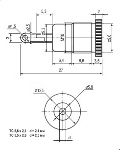 TC 5.5x2.5mm metal разъемы питания штырьковые RUICHI даташит схема