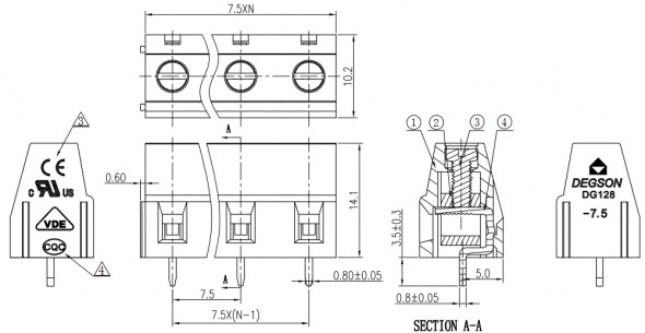 DG128-7.5-03P-14-00A(H) клеммники degson DEGSON даташит схема