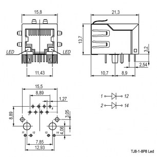 TJ8-1-8P8 LED разъем RUICHI даташит схема