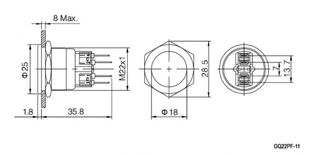 GQ22PF-11/N on-(off)+off-(on) антивандальная кнопка RUICHI даташит схема