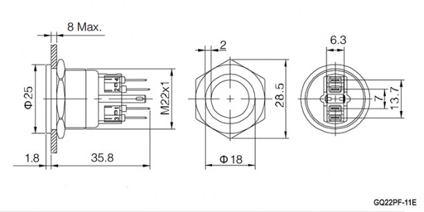 GQ22PF-11E/R/N on-(off)+off-(on) антивандальная кнопка RUICHI даташит схема