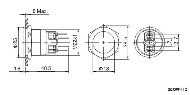 GQ22PF-11Z/N on-off+off-on антивандальная кнопка RUICHI даташит схема