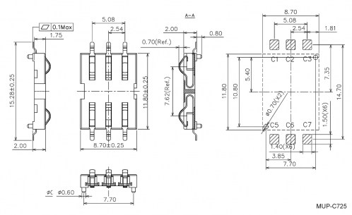 MUP-C725 6pin держатели sim и карт памяти RUICHI даташит схема