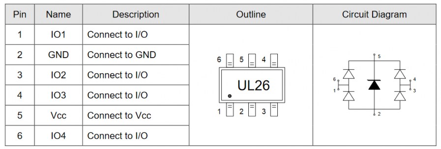 USBLC6-2SC6 (Elecsuper) диод защитный Elecsuper даташит схема