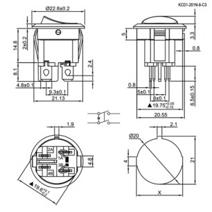 KCD1-201N-8-C3-R/4P on-off клавишный переключатель RUICHI даташит схема
