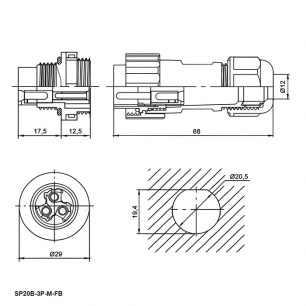 SP20B-3P-M-FB разъем герметичный RUICHI даташит схема