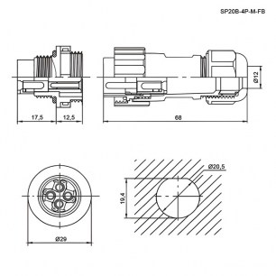 SP20B-4P-M-FB разъем герметичный RUICHI даташит схема