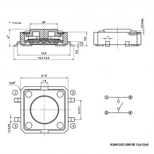 KAN1243 0901B 12x12x9mm SMD тактовая кнопка RUICHI даташит схема