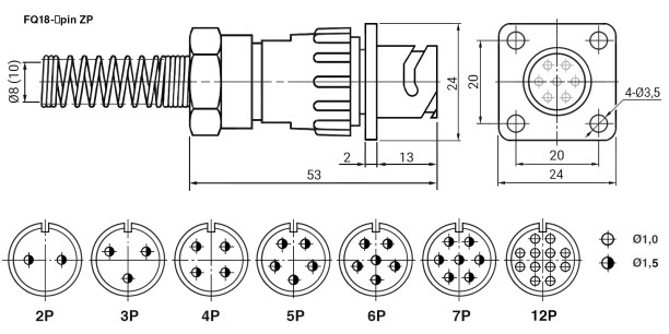 FQ18-6pin ZPJ-8 быстросъемный цилиндрический разъем даташит схема