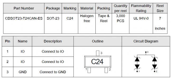 CDSOT23-T24CAN диод защитный Elecsuper даташит схема