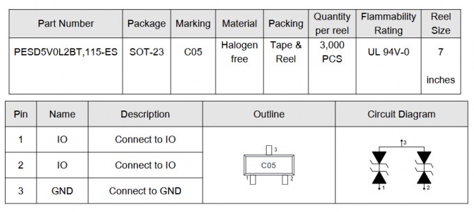 PESD5V0L2BT диод защитный Elecsuper даташит схема