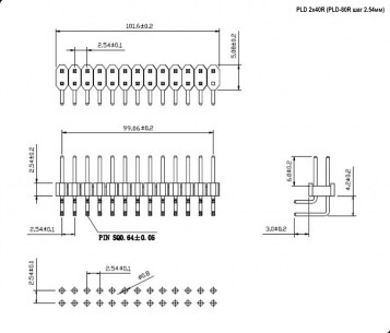 PLD 2x40R (PLD-80R шаг 2.54мм) штыри и гнезда для плат 2.54мм RUICHI даташит схема