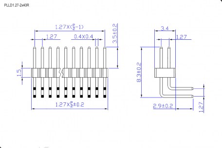 PLLD1.27-2x40R шаг 1.27 мм штыри и гнезда для плат 1.27мм RUICHI даташит схема