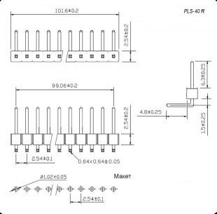 PLS-40R (шаг 2.54 мм) штыри и гнезда для плат 2.54мм RUICHI даташит схема