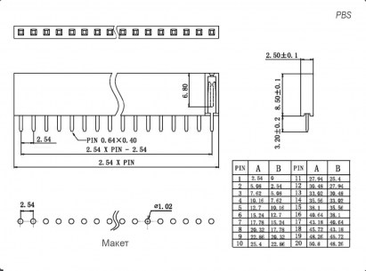PBS-1x10 (PBS-10)шаг 2.54 мм штыри и гнезда для плат 2.54мм RUICHI даташит схема