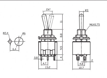 MTS-223 (on)-off-(on) микротумблер RUICHI даташит схема