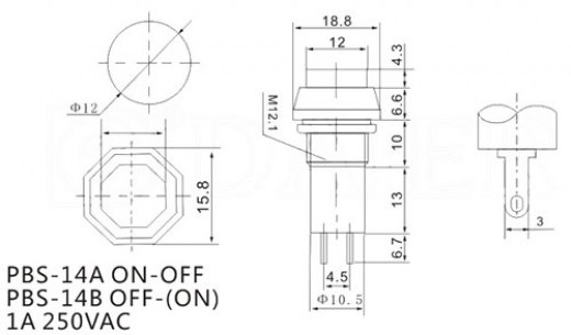 PBS-14A on-off красный переключатель кнопочный RUICHI даташит схема