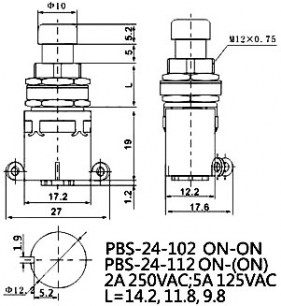 PBS-24-112 ON-(ON) металл переключатель кнопочный RUICHI даташит схема
