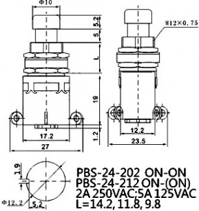 PBS-24-202 ON-ON металл переключатель кнопочный RUICHI даташит схема