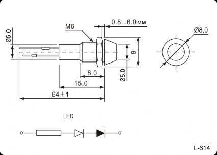 L-614-R 12v (6mm) светодиоды в корпусе RUICHI даташит схема