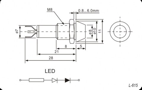 L-615-R 12v (8mm) светодиоды в корпусе RUICHI даташит схема