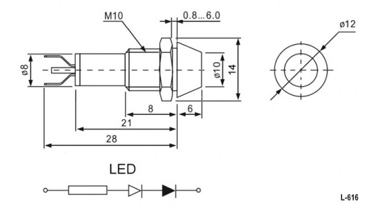 L-616-R 12v (10mm) светодиоды в корпусе RUICHI схема фото