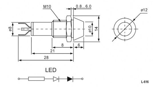L-616-R 12v (10mm) светодиоды в корпусе RUICHI даташит схема