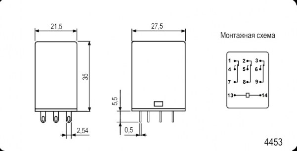 4453(18F)-3 (HH53P) 24VDC 5A реле электромагнитное RUICHI даташит схема