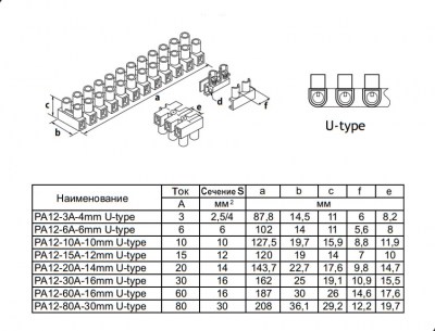 PA12-3A-4mm U-Type клеммные колодки RUICHI даташит схема