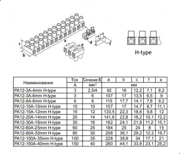 PA12-10A-10mm H-Type клеммные колодки RUICHI даташит схема