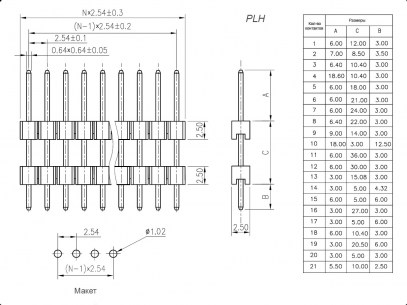 PLH-40 штыри и гнезда для плат 2.54мм RUICHI даташит схема