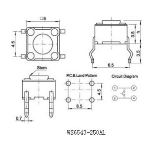 WS6543-250AL тактовая кнопка с защитой RUICHI даташит схема